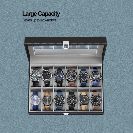 12 Slot Gray Watch Storage Box, Transparent Watch Box, PU Leather Wrapped, Ideal choice for Gifts